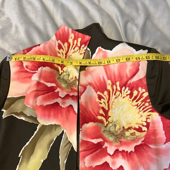 Linda Allard ELLEN TRACY size 2 green pink floral open blazer standing collar - Picture 6 of 11